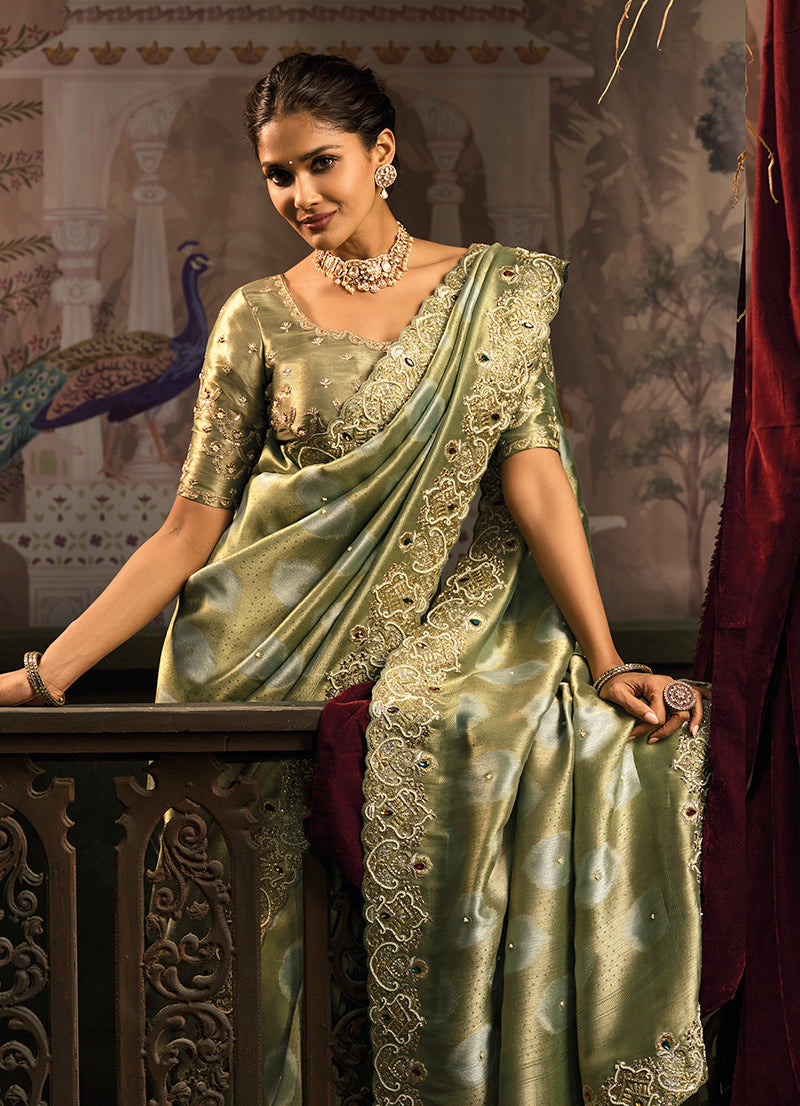Monjolika Fashion Olive Green Silk Blend Saree With Embroidered Jari And Cut-Dana Work