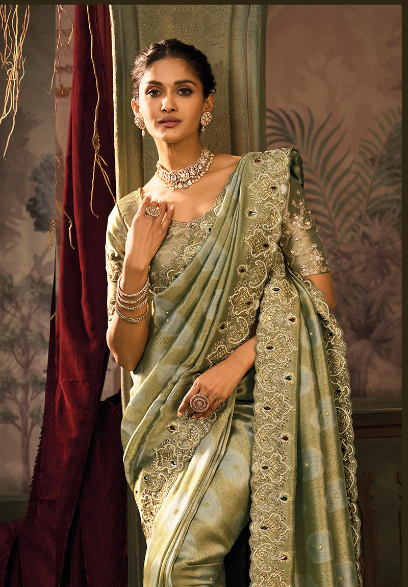 Monjolika Fashion Olive Green Silk Blend Saree With Embroidered Jari And Cut-Dana Work