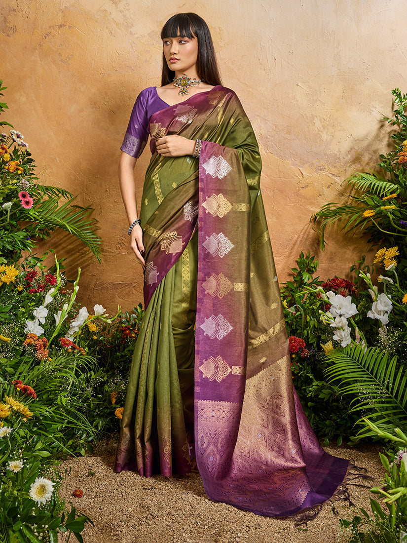 Monjolika Fashion Weaving Handloom Silk Blend Olive Green Contemporary Saree