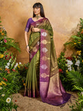 Monjolika Fashion Weaving Handloom Silk Blend Olive Green Contemporary Saree