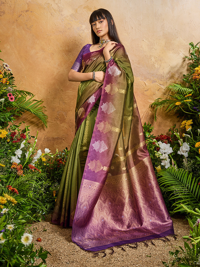 Monjolika Fashion Weaving Handloom Silk Blend Olive Green Contemporary Saree