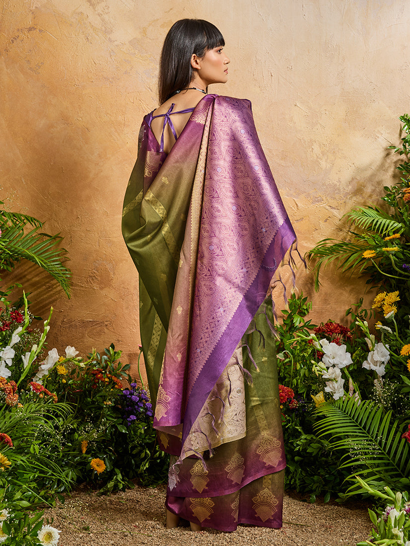 Monjolika Fashion Weaving Handloom Silk Blend Olive Green Contemporary Saree