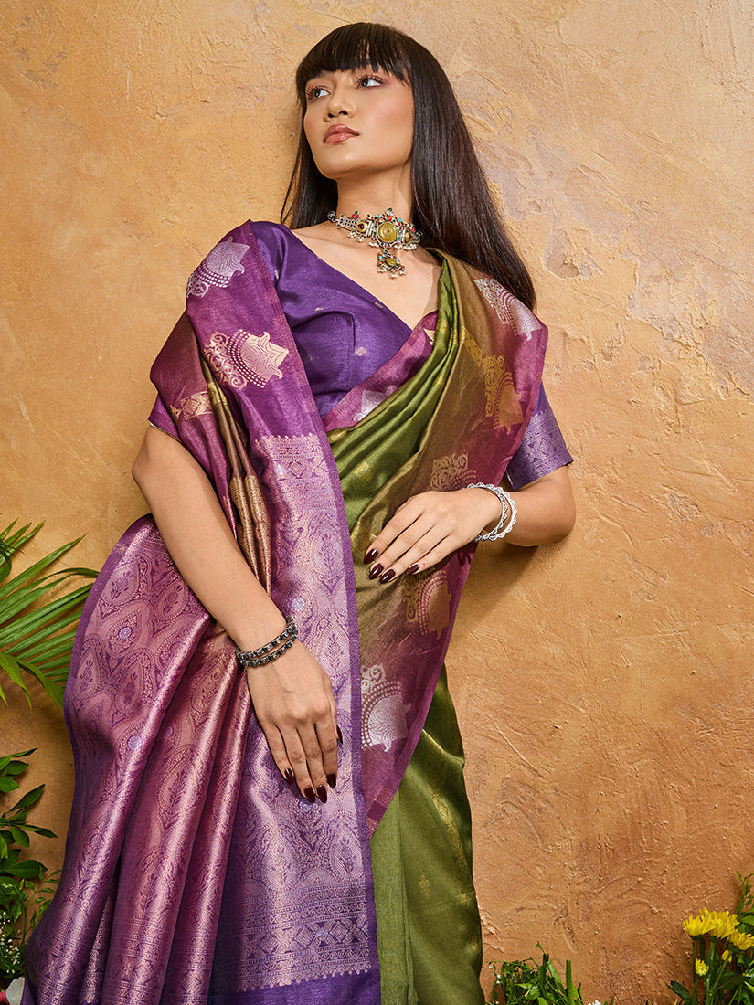Monjolika Fashion Weaving Handloom Silk Blend Olive Green Contemporary Saree
