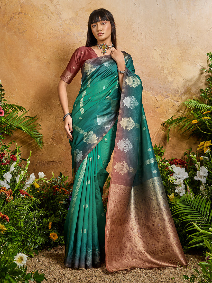 Monjolika Fashion Weaving Handloom Silk Blend Teal Green Contemporary Saree