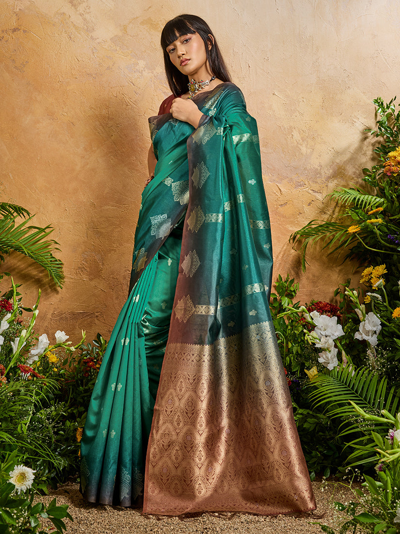 Monjolika Fashion Weaving Handloom Silk Blend Teal Green Contemporary Saree