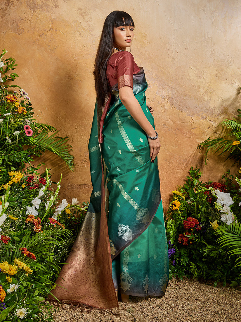 Monjolika Fashion Weaving Handloom Silk Blend Teal Green Contemporary Saree