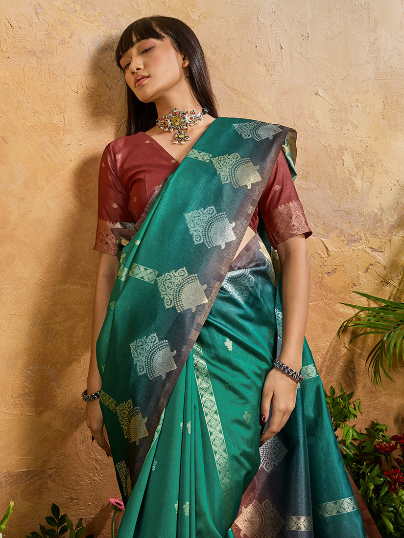 Monjolika Fashion Weaving Handloom Silk Blend Teal Green Contemporary Saree
