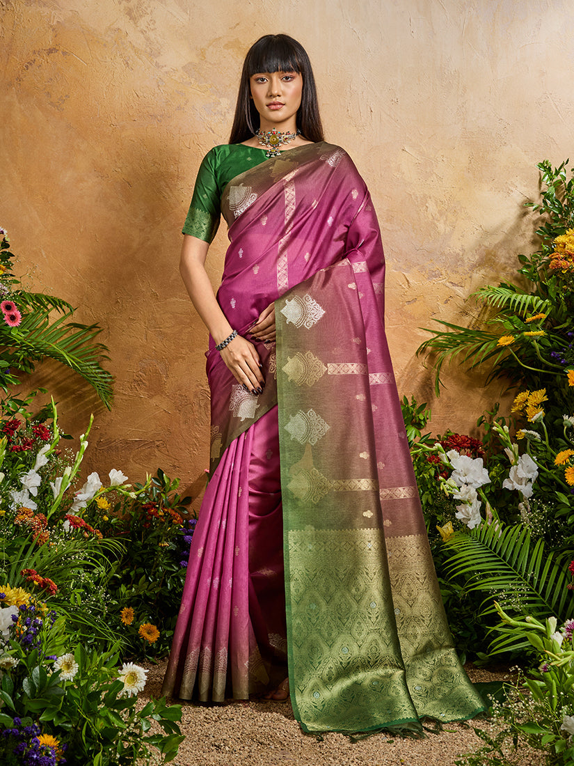 Monjolika Fashion Weaving Handloom Silk Blend Magenta Pink Contemporary Saree