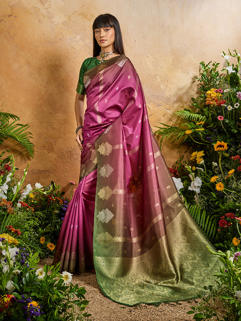 Monjolika Fashion Weaving Handloom Silk Blend Magenta Pink Contemporary Saree