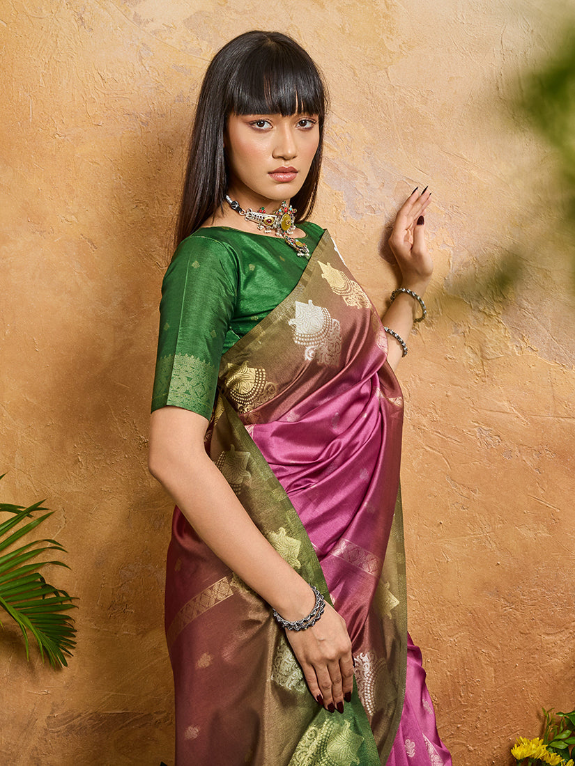 Monjolika Fashion Weaving Handloom Silk Blend Magenta Pink Contemporary Saree