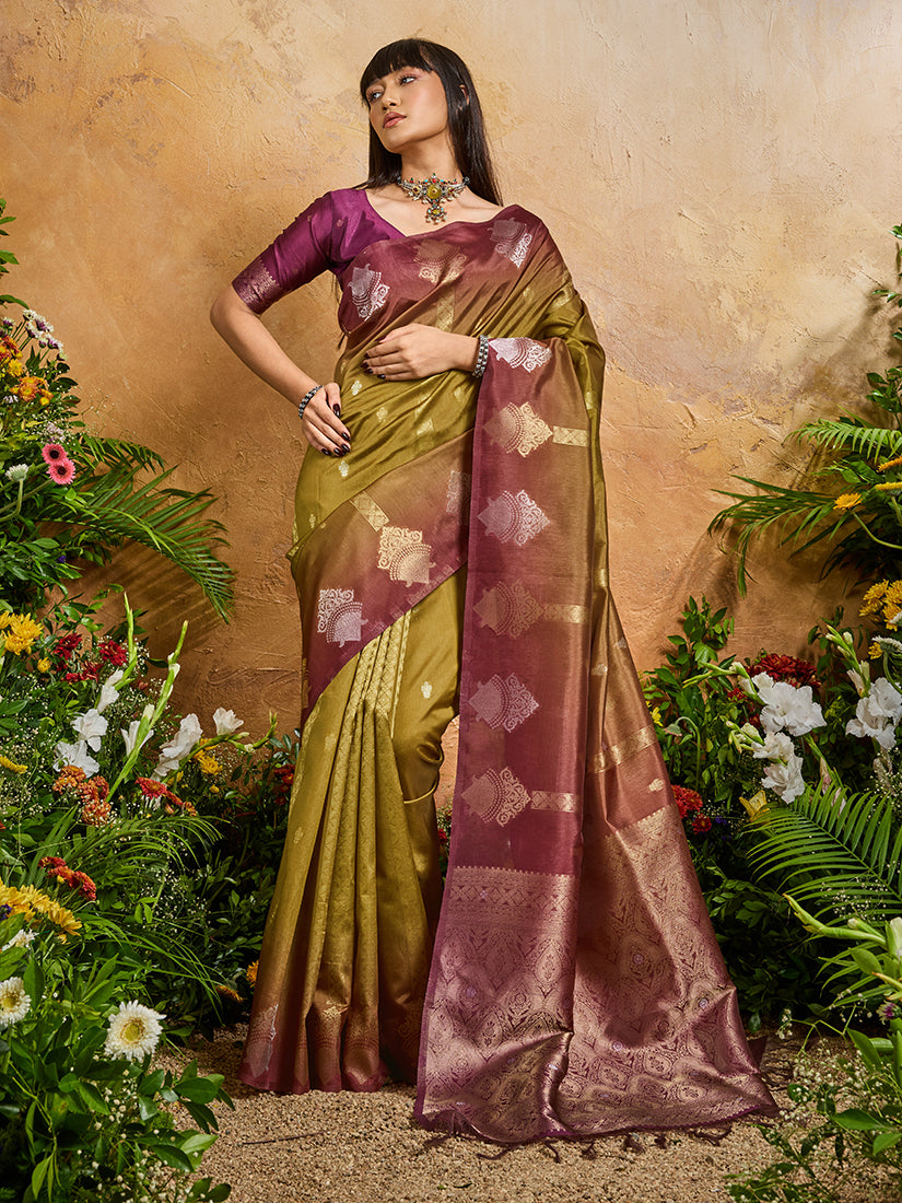 Monjolika Fashion Weaving Handloom Silk Blend Mehendi Green Contemporary Saree