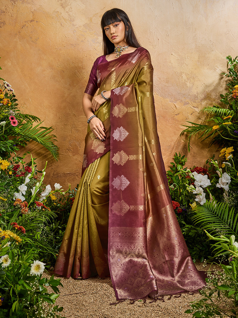 Monjolika Fashion Weaving Handloom Silk Blend Mehendi Green Contemporary Saree