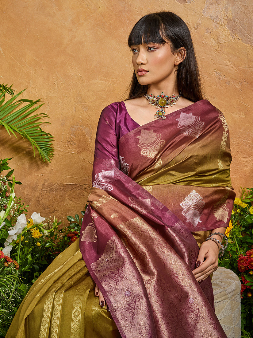 Monjolika Fashion Weaving Handloom Silk Blend Mehendi Green Contemporary Saree