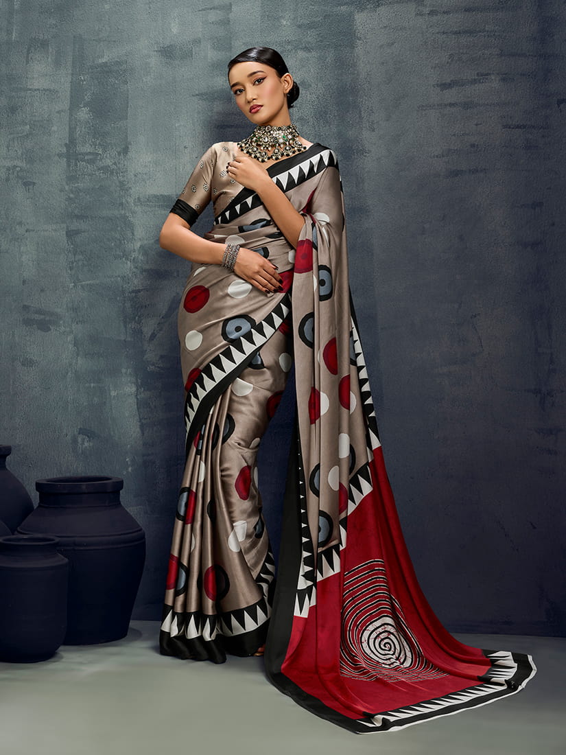 Monjolika Fashion Satin Dark Beige Printed Casual Saree