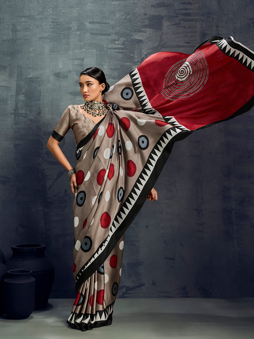 Monjolika Fashion Satin Dark Beige Printed Casual Saree
