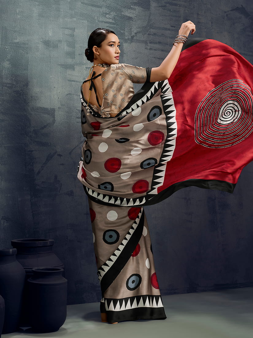 Monjolika Fashion Satin Dark Beige Printed Casual Saree
