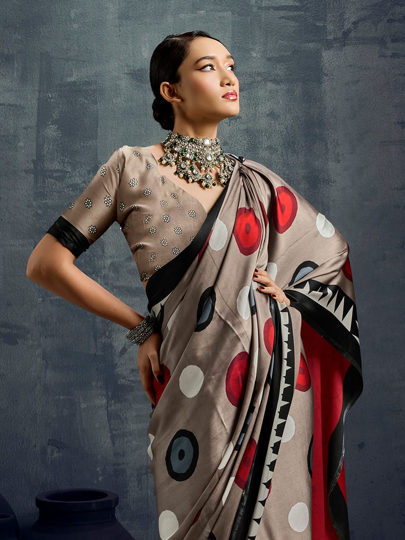 Monjolika Fashion Satin Dark Beige Printed Casual Saree