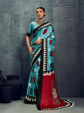 Monjolika Fashion Satin Aqua Blue Printed Casual Saree