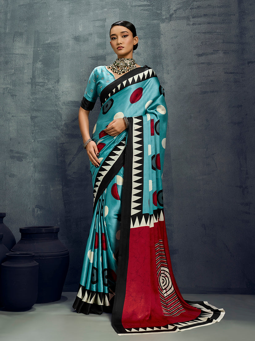 Monjolika Fashion Satin Aqua Blue Printed Casual Saree