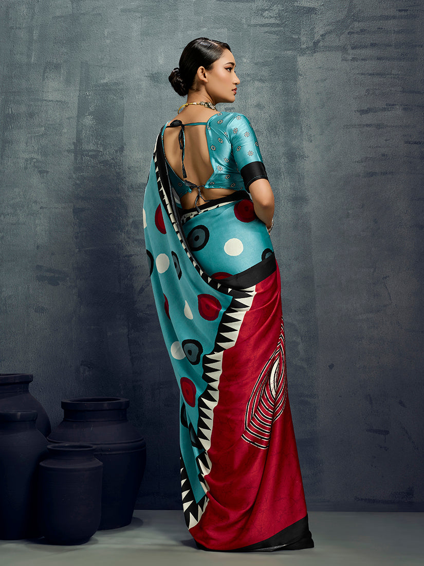 Monjolika Fashion Satin Aqua Blue Printed Casual Saree