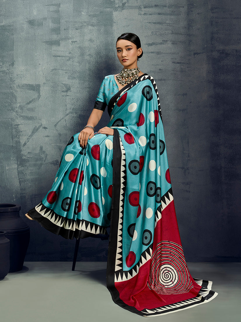 Monjolika Fashion Satin Aqua Blue Printed Casual Saree