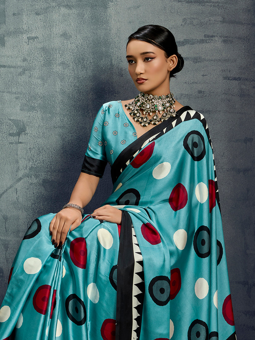 Monjolika Fashion Satin Aqua Blue Printed Casual Saree