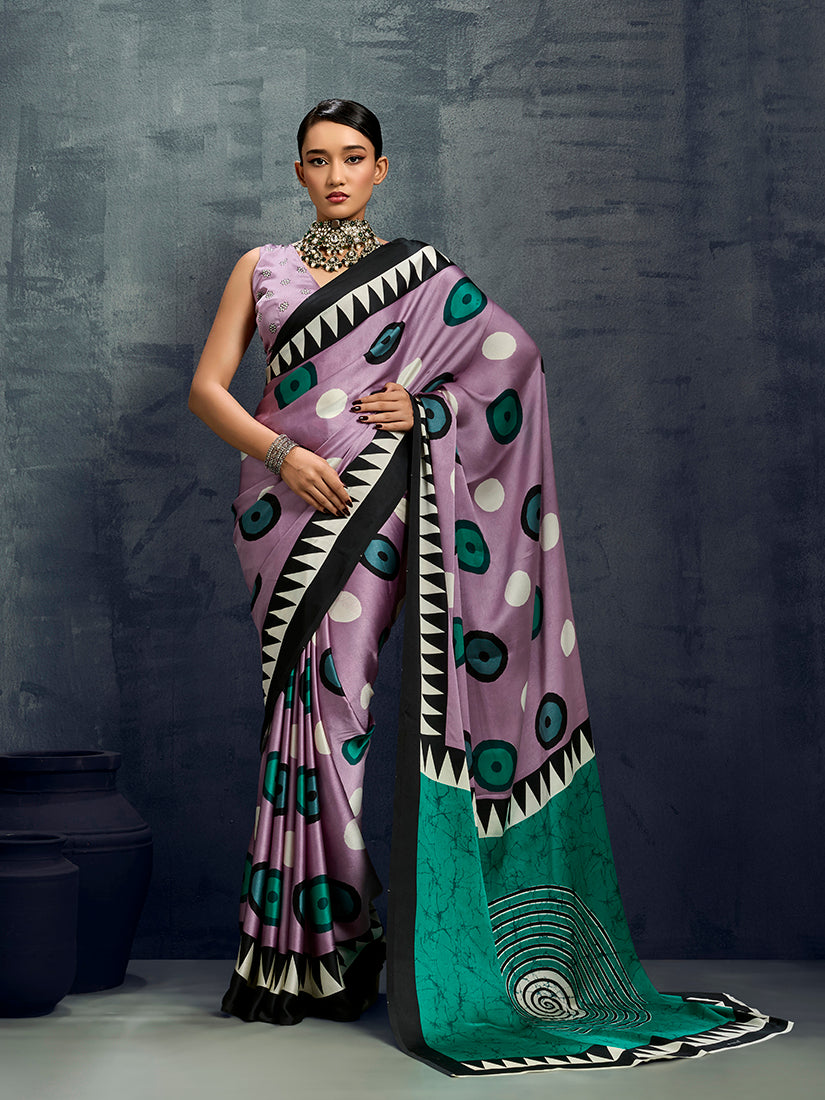 Monjolika Fashion Satin Lilac Printed Casual Saree