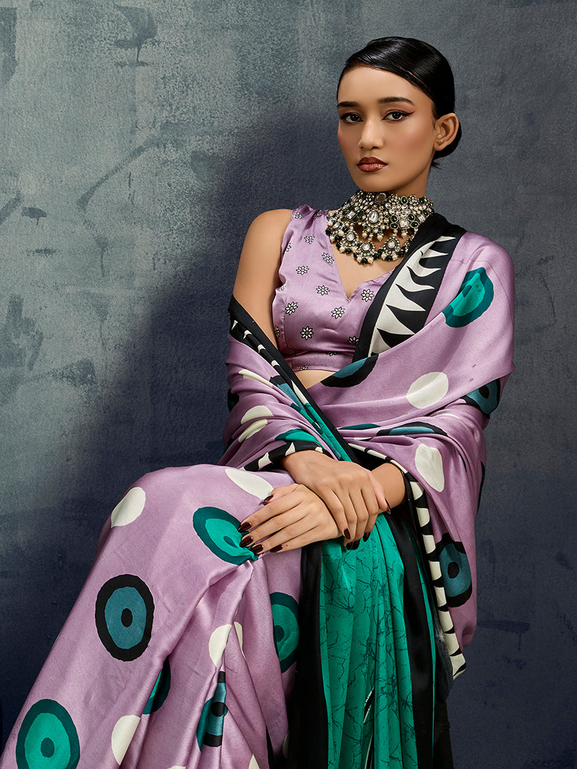 Monjolika Fashion Satin Lilac Printed Casual Saree