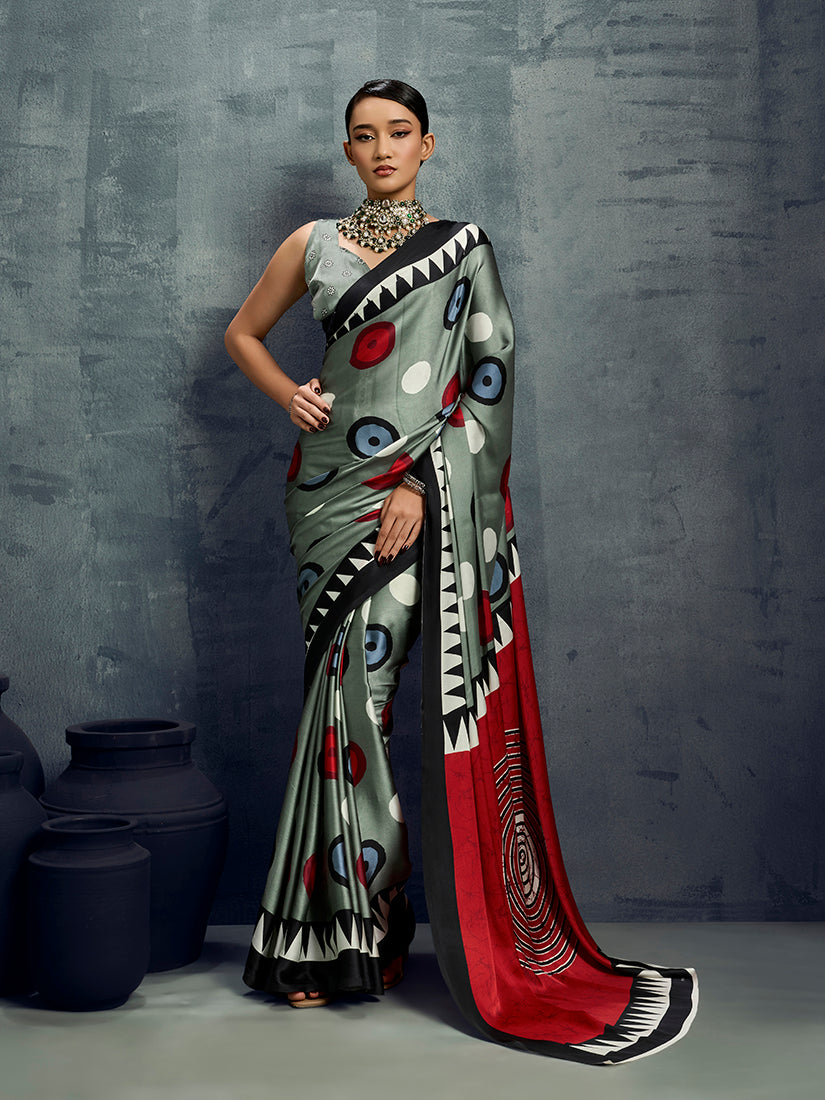 Monjolika Fashion Satin Grey Printed Casual Saree