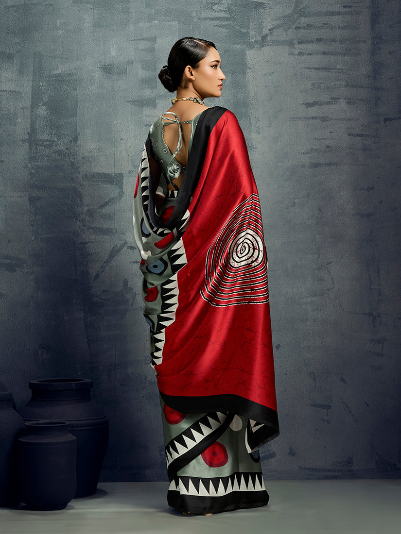 Monjolika Fashion Satin Grey Printed Casual Saree