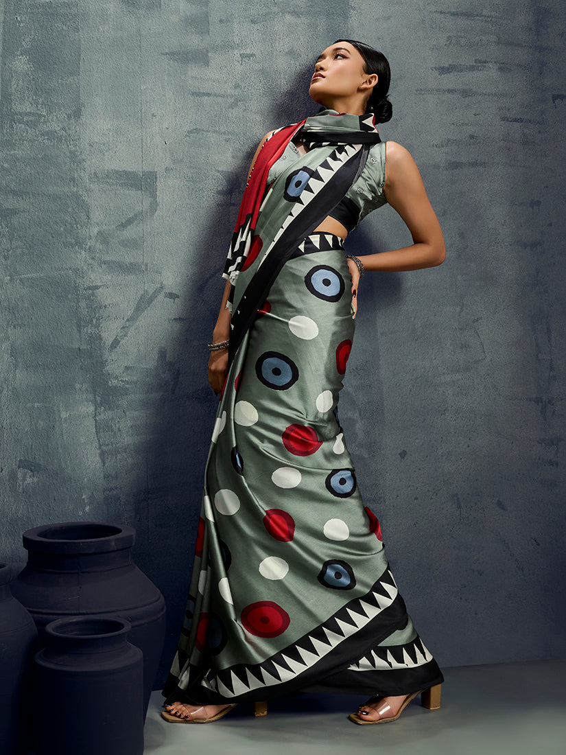 Monjolika Fashion Satin Grey Printed Casual Saree