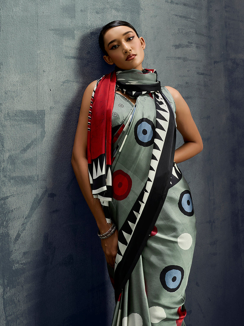 Monjolika Fashion Satin Grey Printed Casual Saree