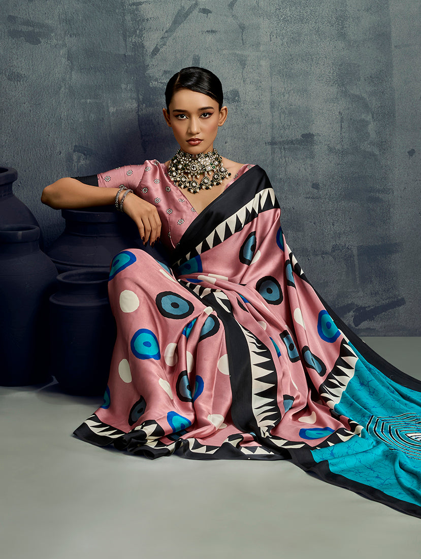 Monjolika Fashion Satin Light Pink Printed Casual Saree