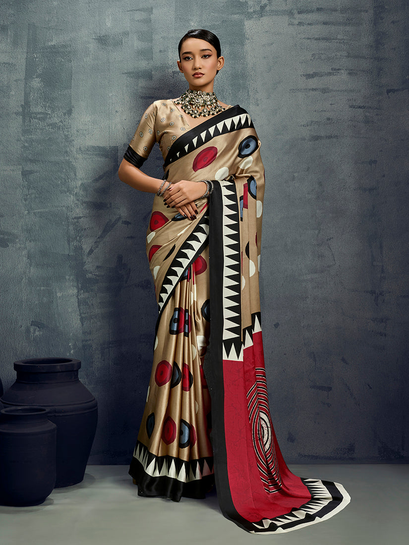 Monjolika Fashion Satin Chiku Printed Casual Saree