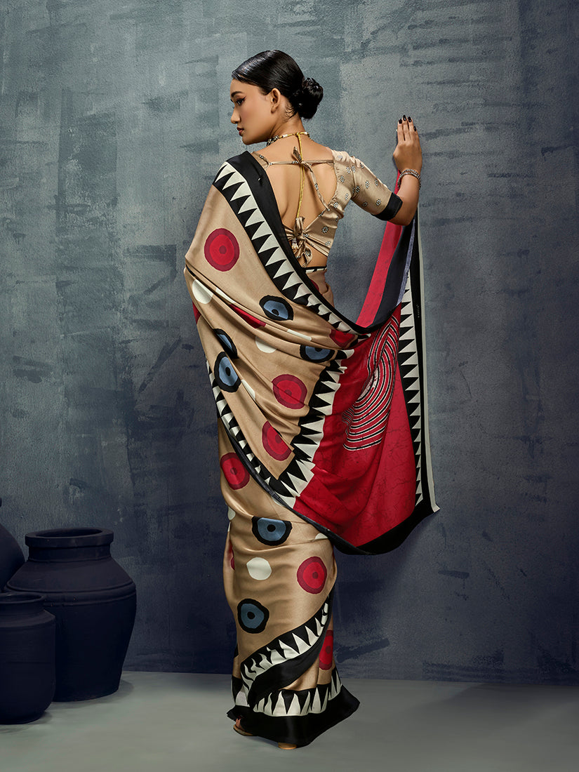 Monjolika Fashion Satin Chiku Printed Casual Saree