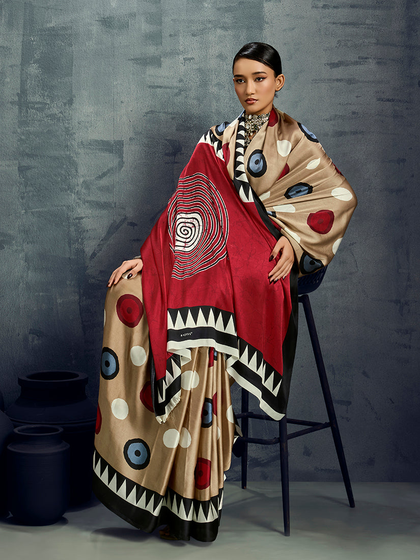 Monjolika Fashion Satin Chiku Printed Casual Saree