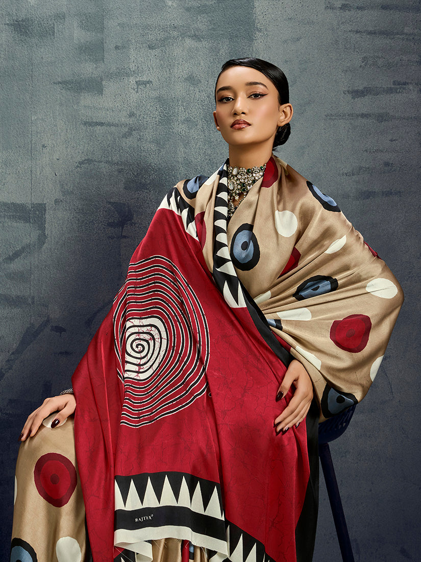 Monjolika Fashion Satin Chiku Printed Casual Saree