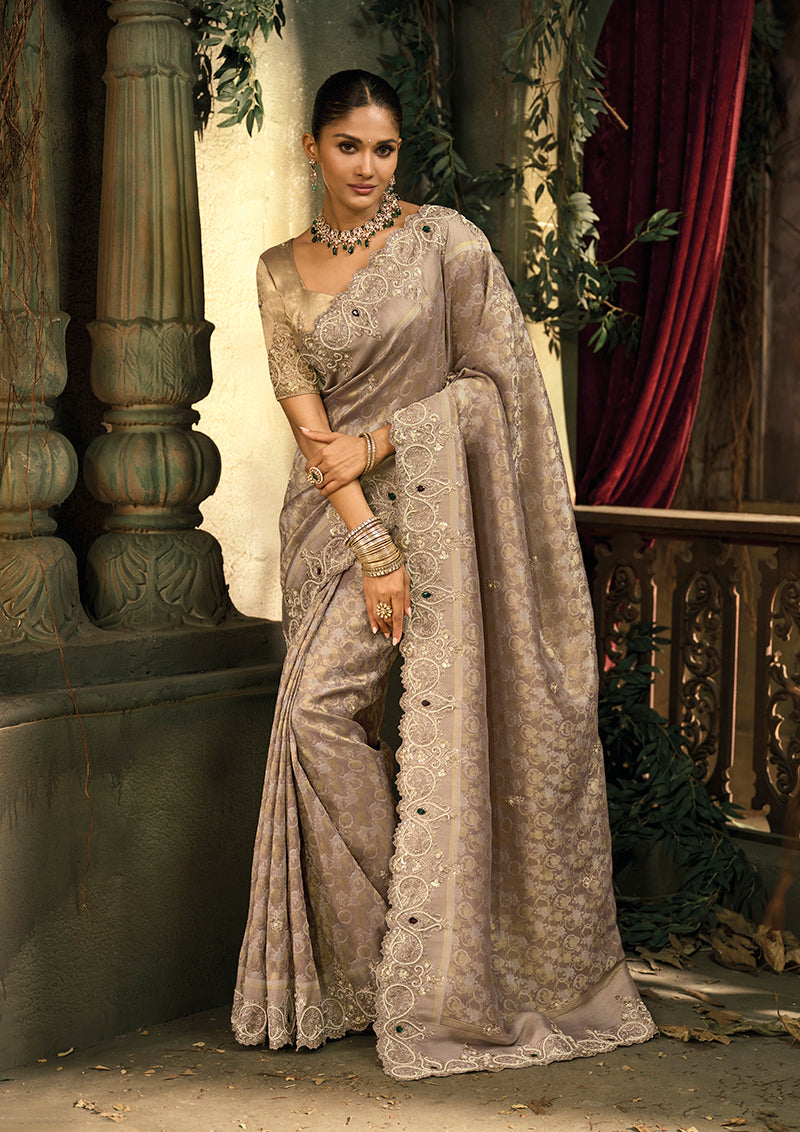 Monjolika Fashion Light Brown Silk Blend Wedding Saree With Cut Dana, Embroidered, Moti And Zari Work