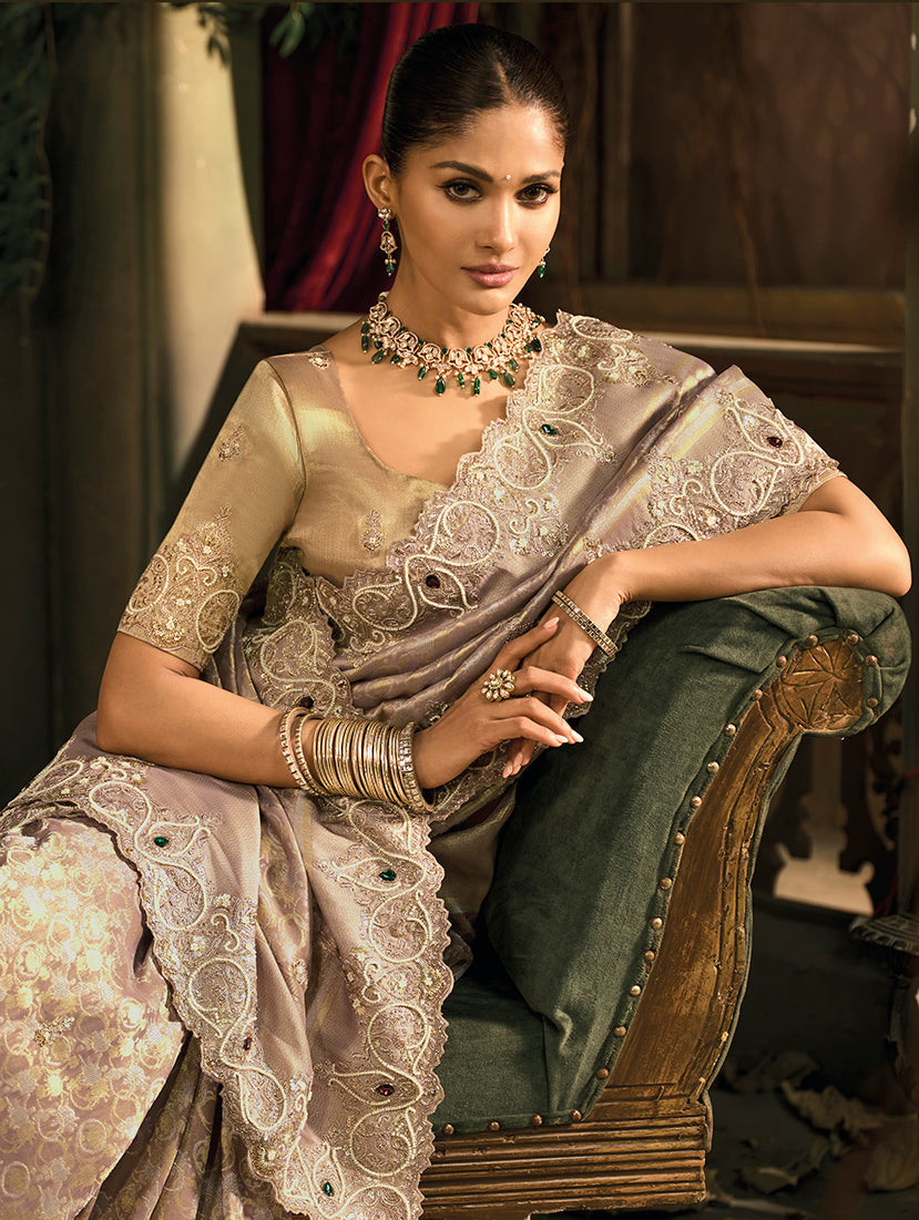 Monjolika Fashion Light Brown Silk Blend Wedding Saree With Cut Dana, Embroidered, Moti And Zari Work
