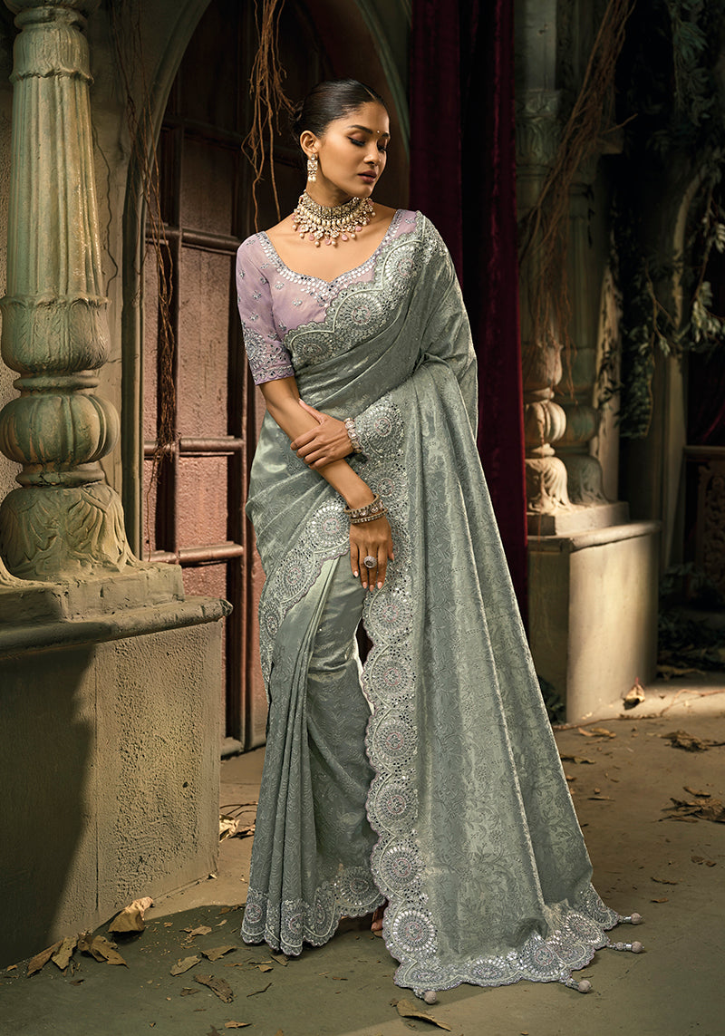Monjolika Fashion Grey Silk Blend Wedding Saree With Cut Dana, Embroidered, Moti And Zari Work