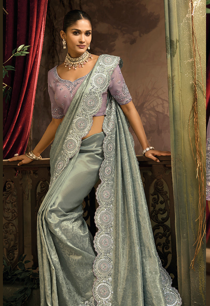 Monjolika Fashion Grey Silk Blend Wedding Saree With Cut Dana, Embroidered, Moti And Zari Work