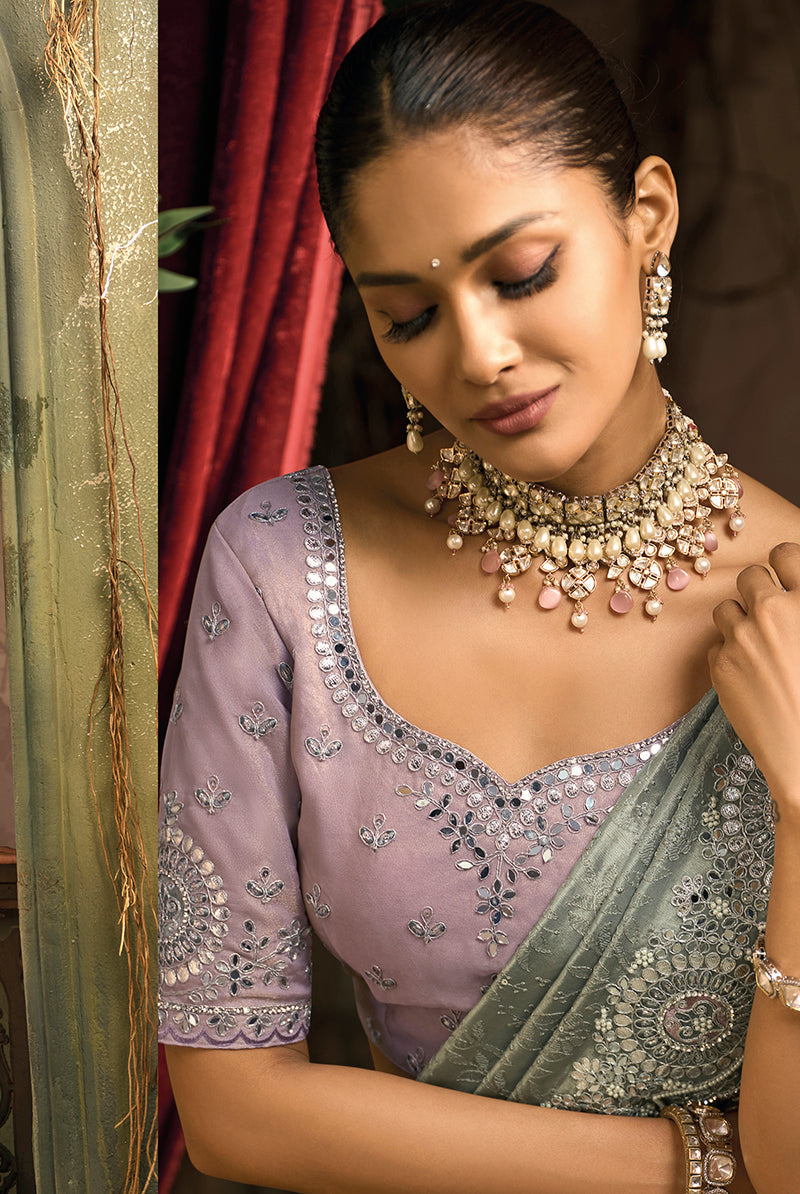 Monjolika Fashion Grey Silk Blend Wedding Saree With Cut Dana, Embroidered, Moti And Zari Work