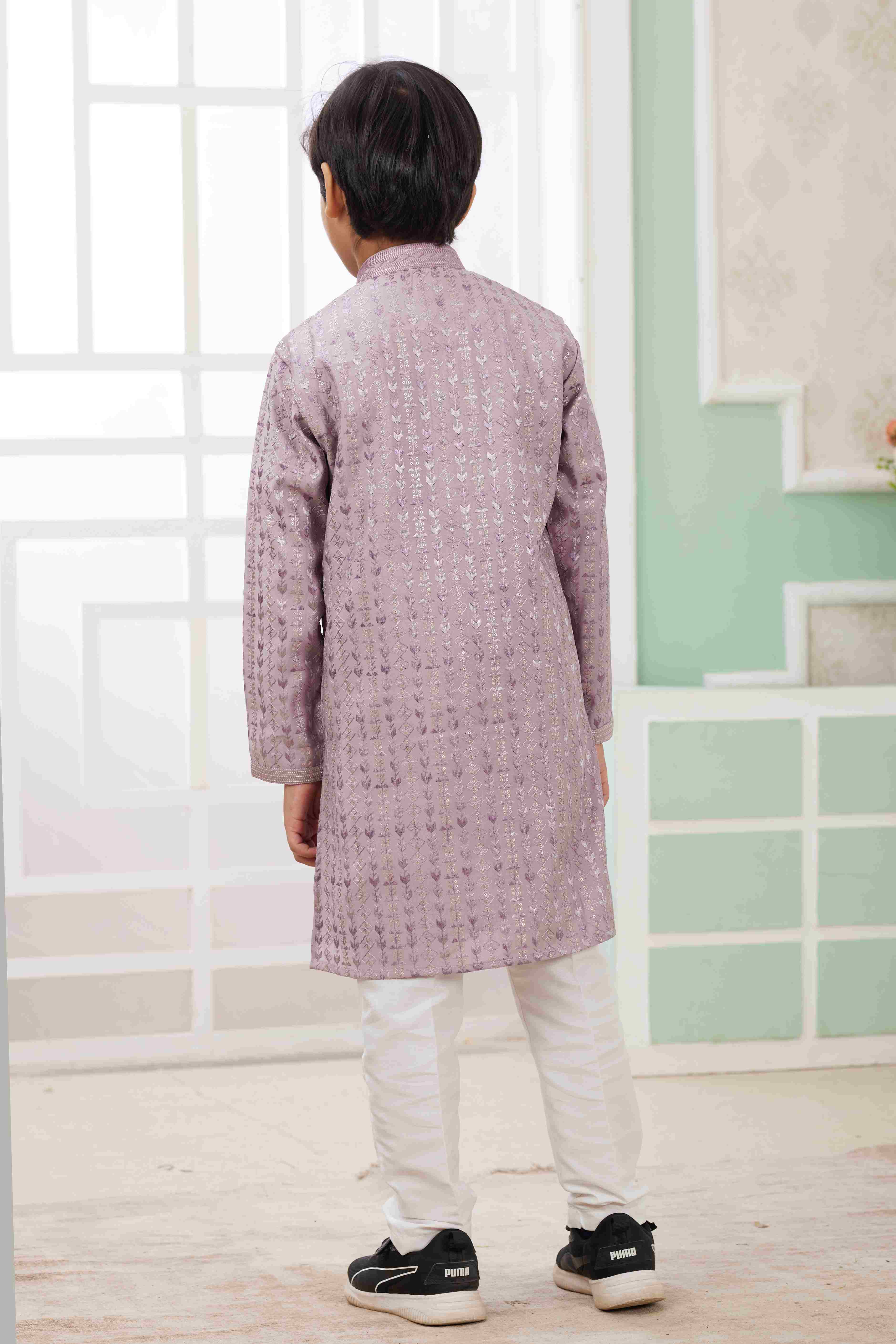 Raivat Ethnic Art Silk Embroidery Work Kids Kurta Pajama In Lilac Colour