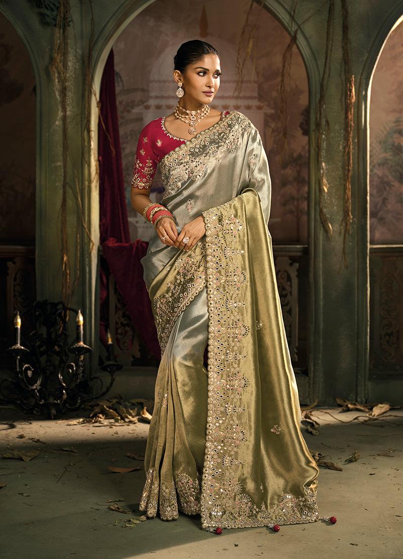 Monjolika Fashion Multicolor Silk Blend Wedding Saree With Cut Dana, Embroidered, Moti And Zari Work