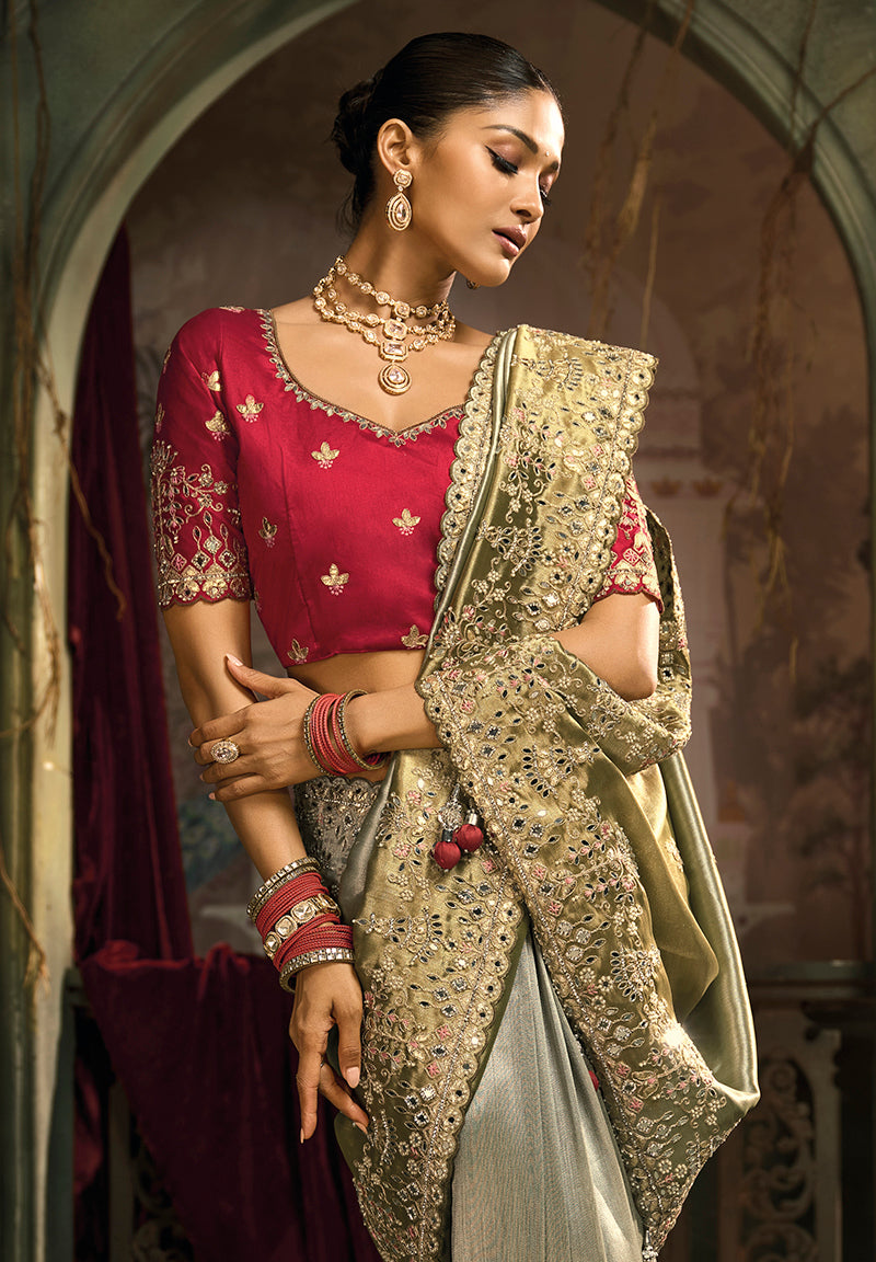 Monjolika Fashion Multicolor Silk Blend Wedding Saree With Cut Dana, Embroidered, Moti And Zari Work