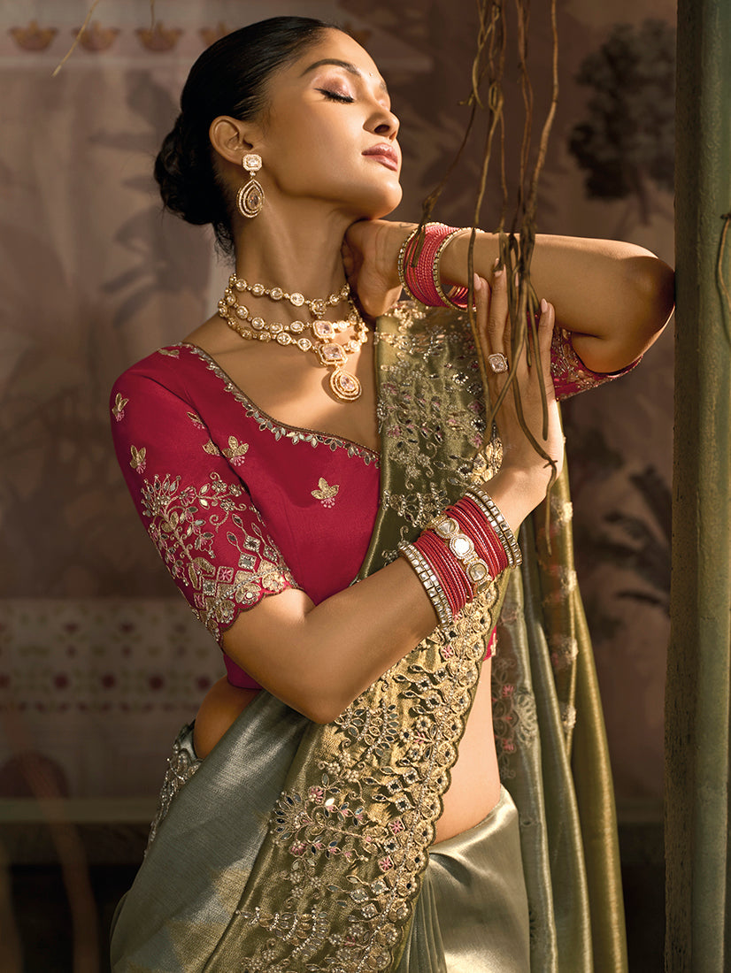 Monjolika Fashion Multicolor Silk Blend Wedding Saree With Cut Dana, Embroidered, Moti And Zari Work