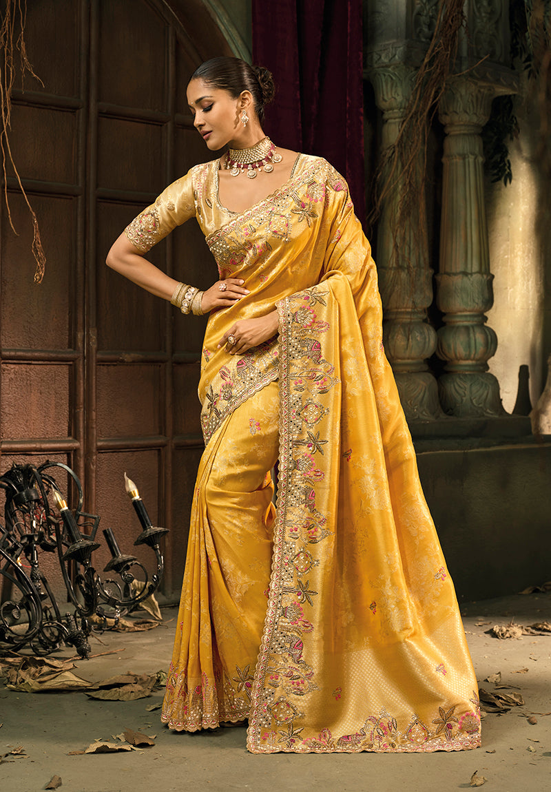 Monjolika Fashion Mustard Silk Blend Wedding Saree With Cut Dana, Embroidered, Moti And Zari Work