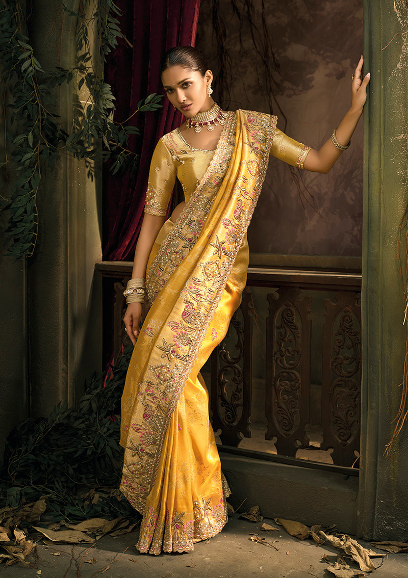 Monjolika Fashion Mustard Silk Blend Wedding Saree With Cut Dana, Embroidered, Moti And Zari Work