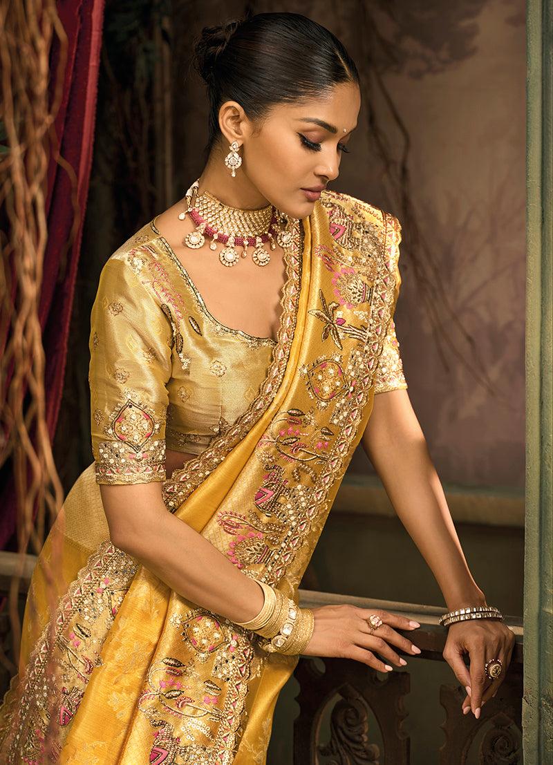 Monjolika Fashion Mustard Silk Blend Wedding Saree With Cut Dana, Embroidered, Moti And Zari Work