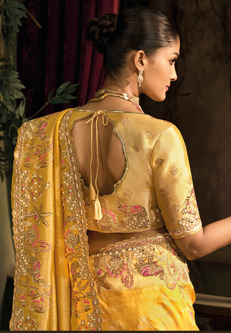 Monjolika Fashion Mustard Silk Blend Wedding Saree With Cut Dana, Embroidered, Moti And Zari Work